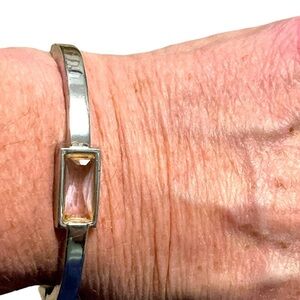 Vintage Silvertone Hinged Cuff Bracelet with Single Light Pink Stone
